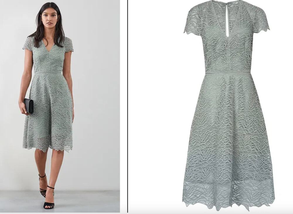 REISS Arielle Green Lace Dress V-Neckline Cap Sleeves Fit & Flare Size 2